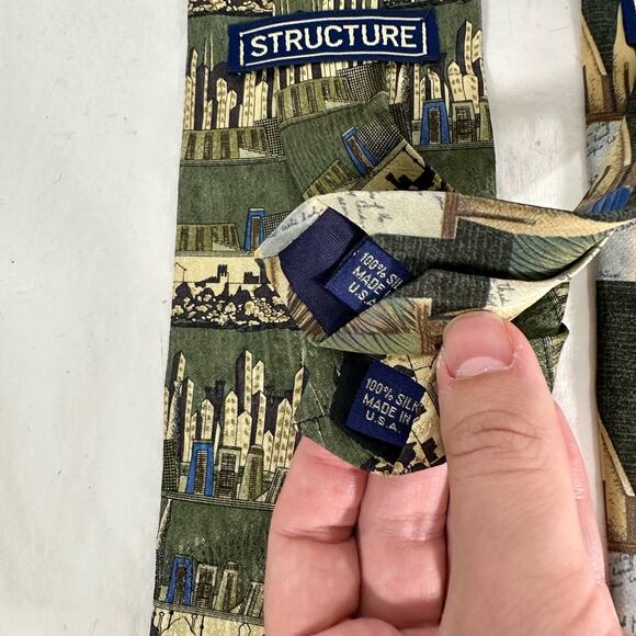 Pair of 2 Structure VTG 100% Silk Green Blue Tan Classic Necktie Tie Buildings - Picture 5 of 6